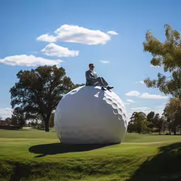 a man sits atop an oversized golf ball on a course,a man sitting on top of a giant white ball in the park