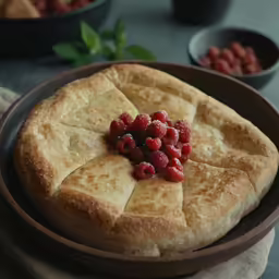 a pancake with raspberries sits on a towel
