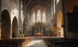 a photo of a church, with pews and tables
