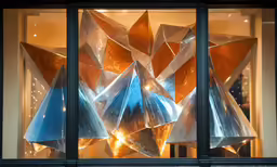 a display window with metal ornaments inside it