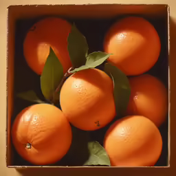 a cardboard box filled with oranges on top of a table