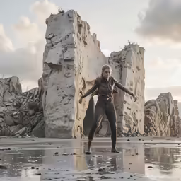 a person with their arms out in front of rock formations