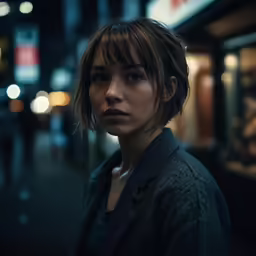 a woman with bangs looking at something in the distance