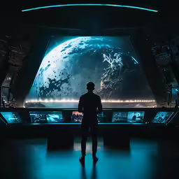 man looking at projection of the earth from space