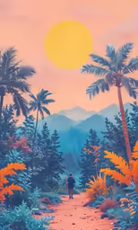 an art piece depicting a man walking through a jungle