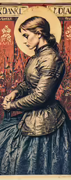 a vintage style portrait of a woman dressed in an antique dress and hat