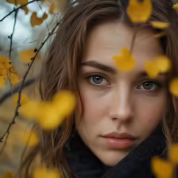 a woman that is standing under some yellow leaves