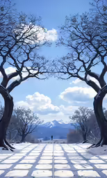 two trees near one another and a person walking towards the camera