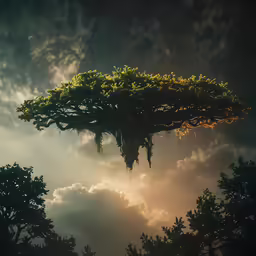 a large plant sits on top of some trees