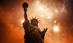 the statue of liberty surrounded by red and white lights