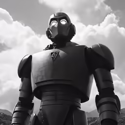 a black and white image of a man in an iron armor