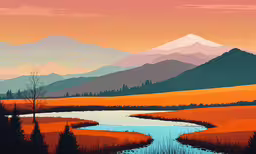 the sky is orange and pink in the background, with a stream of water running between two mountain peaks,the mountains are in a colorful landscape with a river running between them