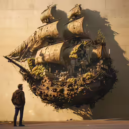 a man standing next to a wall and a big ship painted on the side