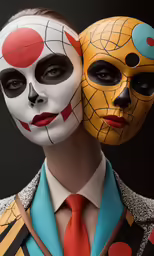 two mannequins painted with colorful shapes and colors