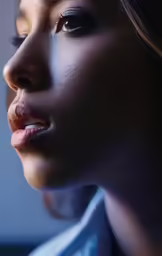 an asian female wearing a white shirt and blue jeans looking to her left with an embrossed cheek