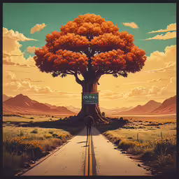 there is a person standing in the middle of the road by a tree,a stylized landscape with a road leading up to a large tree