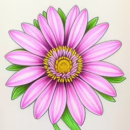 the drawing of a flower has been colored by the color pencils,there is a pink flower that is drawn with color