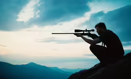 a man is sitting on a mountain holding a rifle