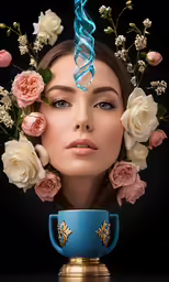 a woman with flowers around her head
