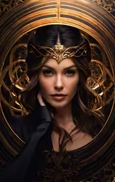 a woman in a black dress and golden design on her head