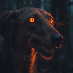 a dog that is sitting down with some glowing orange eyes