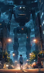 people walking in front of a giant robot