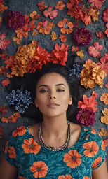 a woman laying down in the middle of colorful flowers