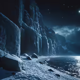 a dark snowy landscape shows mountains along a beach
