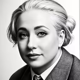 this black and white photo shows a woman wearing a suit