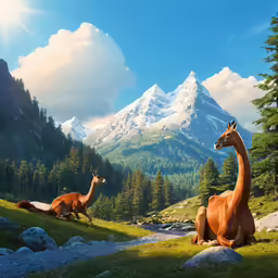 a couple of deer and a giraffe sitting on a grass field