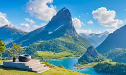 mountain scenery with water and trees on hill top