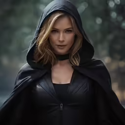 a woman in black is wearing a cape and a leather coat