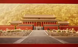 a house with chinese architecture with mountain scenery in the background