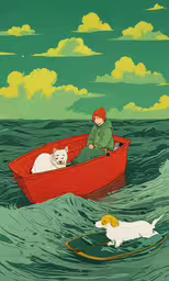 a painting of a man sitting in a red boat with his cat in the water,two dogs and a person in a red boat in a large body of water