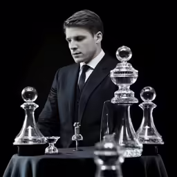 a man is sitting at a table in front of chess pieces