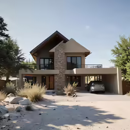 an exterior shot of a house with a car parked in front