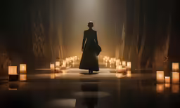 the woman is standing in the dark between many candles