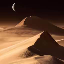 three views of the desert at night, including a crescente of moon