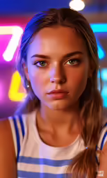 a young woman looks into the camera with a blue and white shirt on