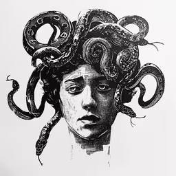the head and shoulders of a woman with tentacles on her head,a drawing of a woman with an intricate head