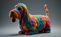 a stuffed animal made with multi colored buttons