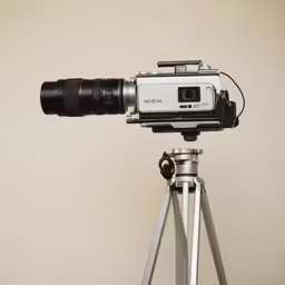 an old film camera on a tripod, with its lens mounted in front of it