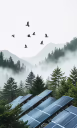 a group of birds flying over some trees
