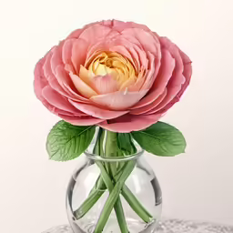 the large pink rose is in a clear vase