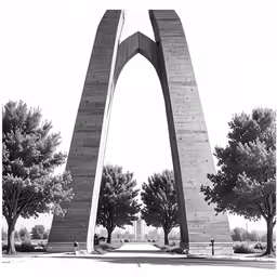 an arch in the ground that has trees behind it