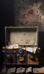 a trunk with several pieces of writing placed inside it