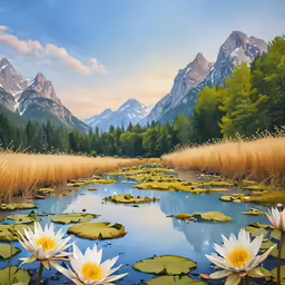 painting of flowers in a pond with water lillies, with mountain range in the background
