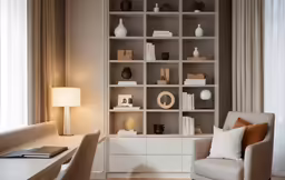 a modern looking living room with several open shelves