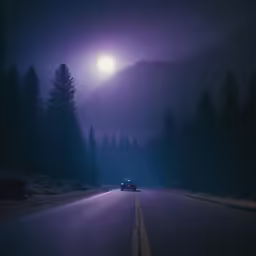 a car parked in front of the forest under a full moon