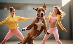 three young women dancing around a dog in their tracks